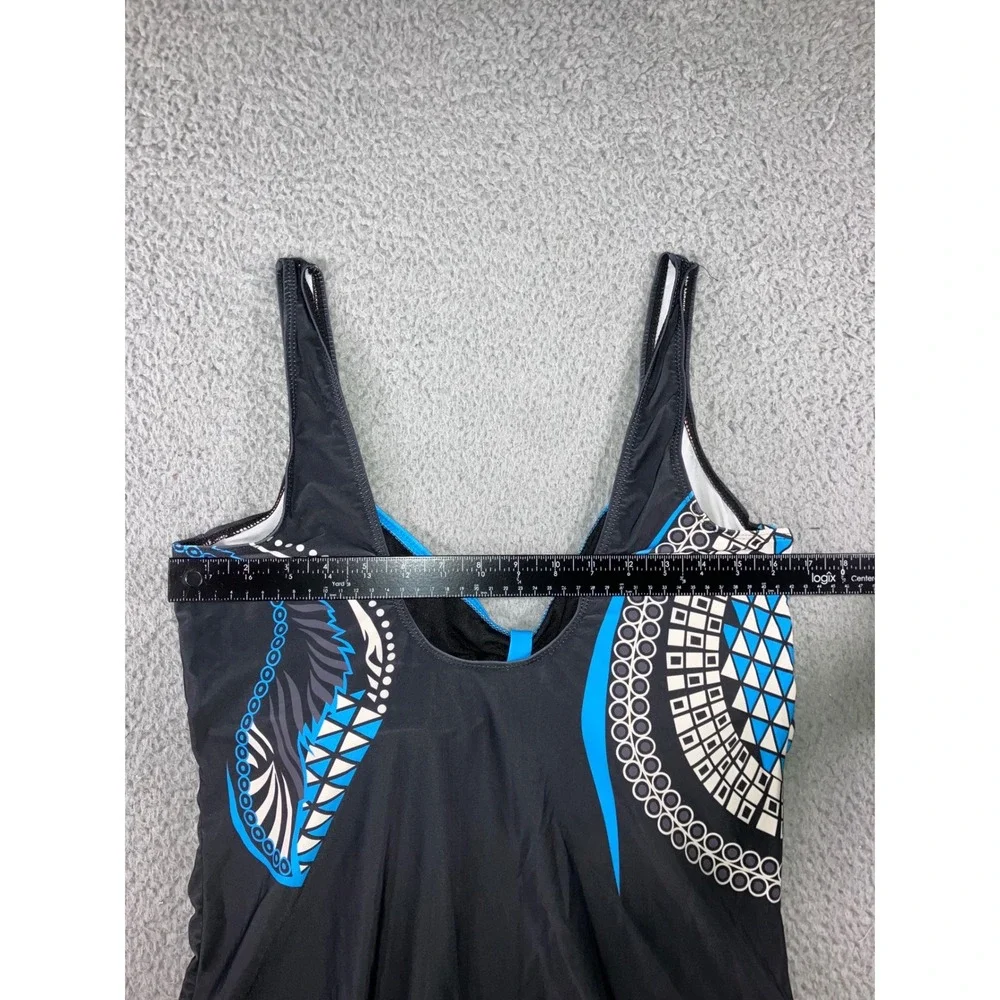 One‎ Piece Swimsuit Women 2XL Black Blue Geometric Tribal Print V-Neck Abstract
